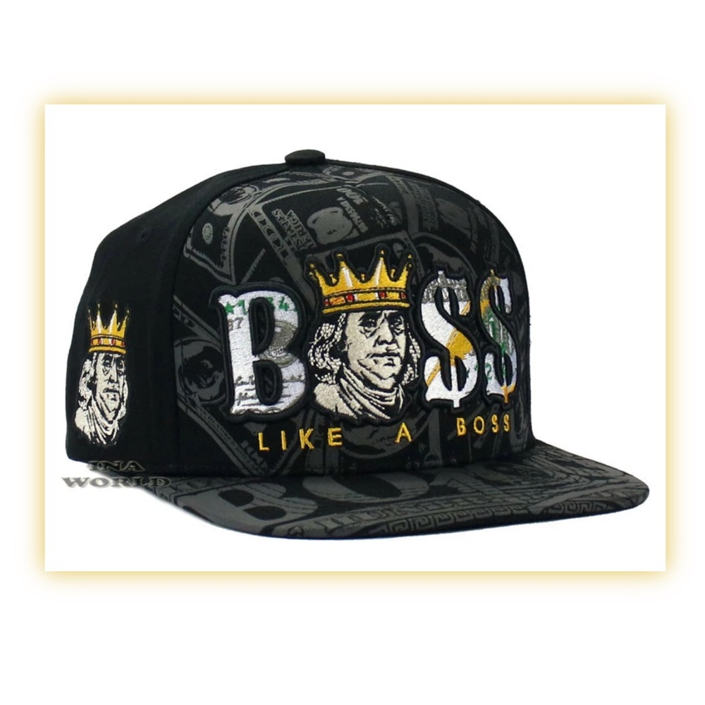 Money King Like a Boss Snapback Hat Flat Bill Cap Embroidered Black